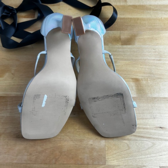 BP Silver Holographic Square Toe Bow‎ Heels Ribbon Ankle Strap Sandals Size 7.5 - Picture 8 of 10
